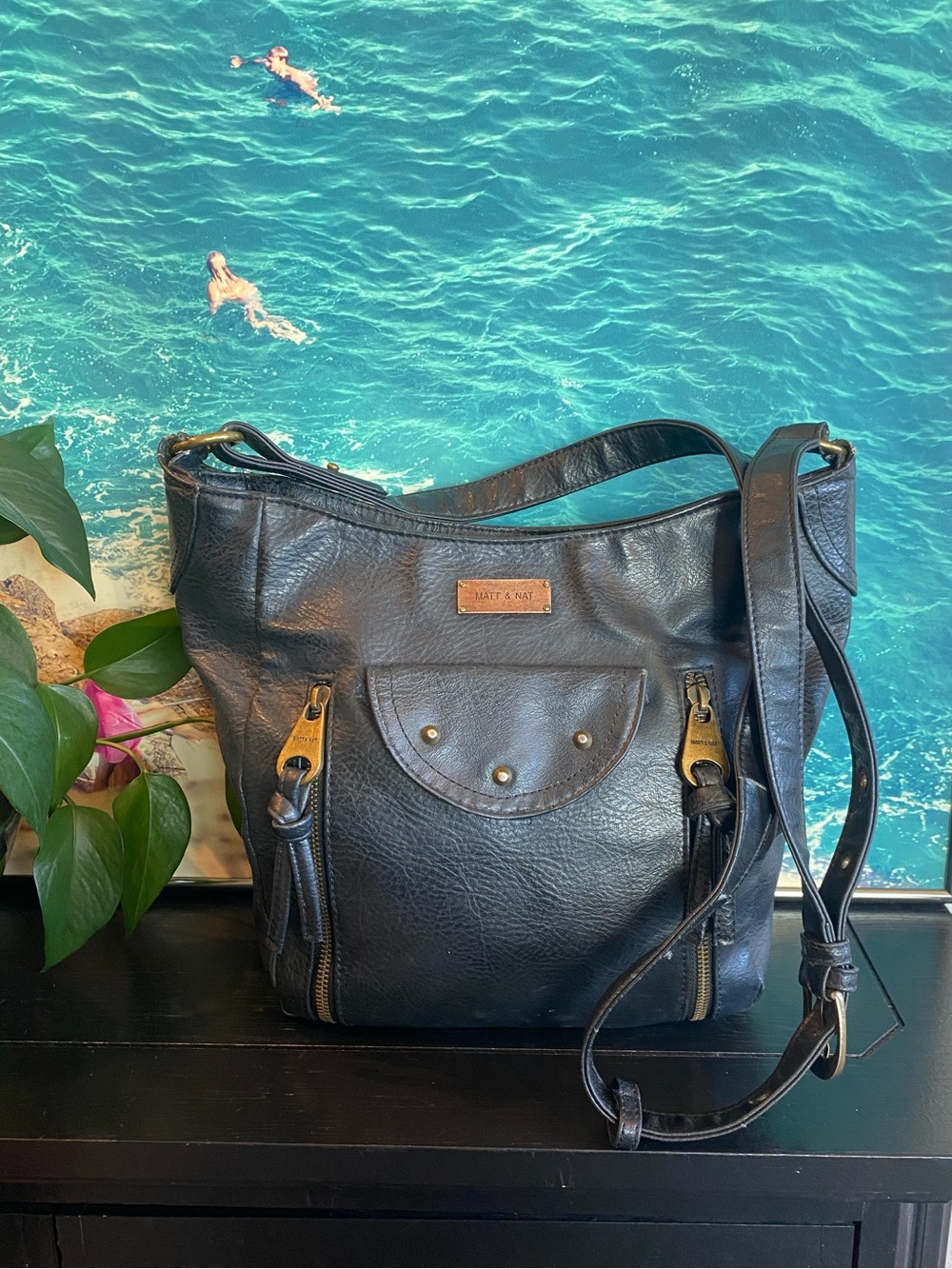 Matt & Nat Black Leather Shoulder Bag with Gold Hardware